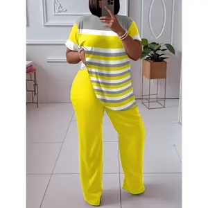 2025 Plus Size Women's Striped Two-Piece Set, Crewneck Short Sleeve Top & Straight Pants, Comfort Fitted Multicolor Casual Suits Womenswear Clothes Print