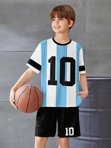 Boys' Summer Sports Set, Argentina Messi 10 Jersey, Short Sleeve Crop Top & Shorts, Casual Loose-Fit Two-Piece
