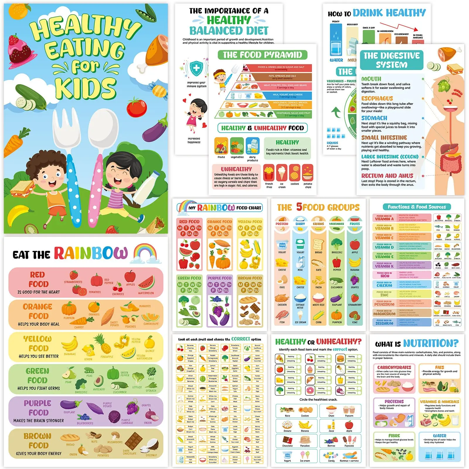 GISGFIM 12 Pcs Educational Healthy Eating Chart Posters for Kids (10x14 in) - Vitamins, Mineral Nutrition, Food List, Meal Planner, Eating Healthy Snacks Office School Supplies Kitchen Decor