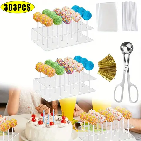 303-Piece Stainless Steel Cake Decorating Supplies Lollipop Cake Kit - 2 Acrylic Dessert Display Stands, 1 Mold, 100 Combo Bags, Sticks, 100 Metal Ties for Christmas, All Ages Celebrations