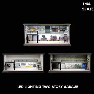 Diorama 1/64 Car Garage Model LED Lighting City Repair Workshop Two-storey Car Parking Lot Scene Display Model Collection Gift Toy
