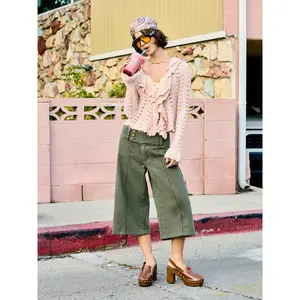 Cider Washed Denim Low Rise Metal Detail Wide Leg Capri Jeans