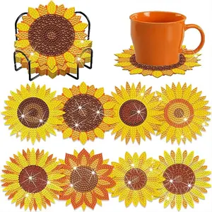 8-Piece Diamond Embroidery Coaster Set with Stand, DIY Art Craft Kit for Beginners, Home Decor Gift, Diamond Painting Kits, Silver Poplar Design, Handicraft