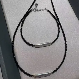 G052-S925 Silver Small Silver stick freshwater pearl Spinel Fairy  Necklace and stick Spinel Fairy bracelet(17cm+3cm)