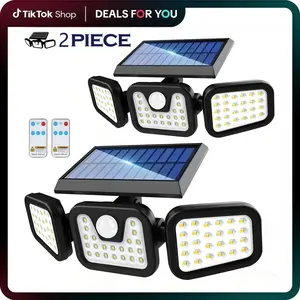 2 Packs Solar Outdoor Lights 2500LM Security 3 Heads Dimmable Spotlights 3 Modes IP65 Waterproof for Outdoor Security US, Adjustable Flood Lamp