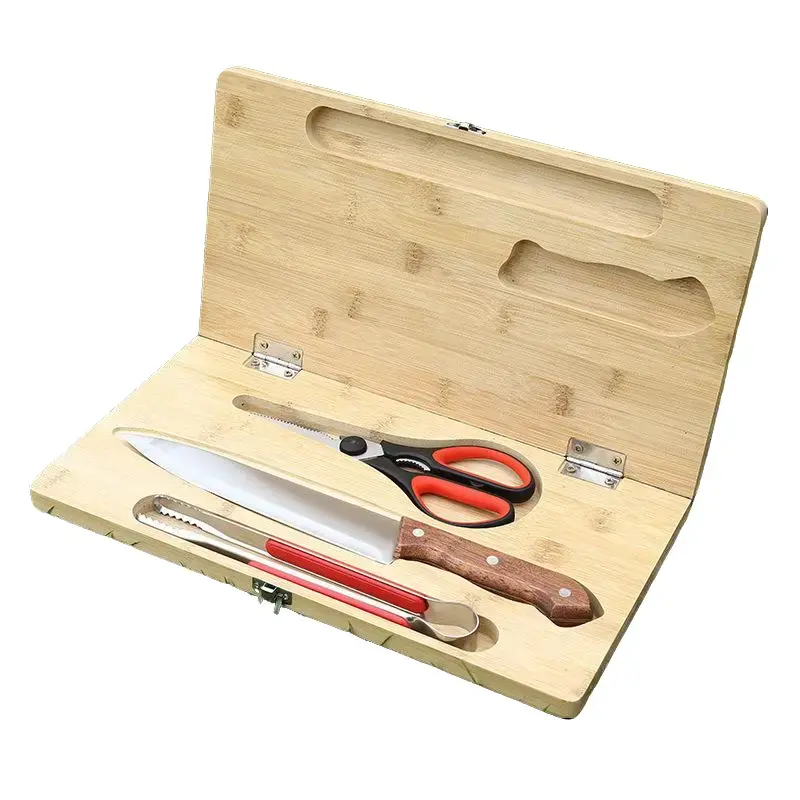 Folding Bamboo Cutting Board with 3 Piece Tool Set for Camping Outdoor Kitchen Prep Kit Portable All-in-One Design
