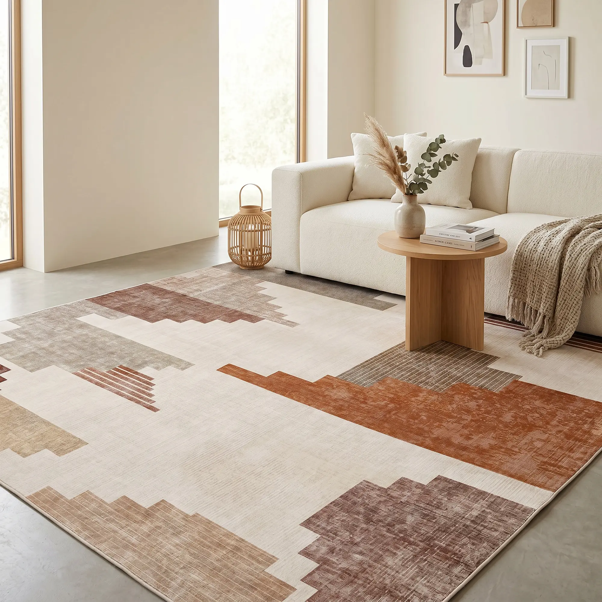 Area Rug for Living Room Bedroom, Earth Tone Geometric Area Rug, Ultra Soft Non-Slip Washable Carpet, Vintage Terracotta & Beige Abstract Home Decor Rug