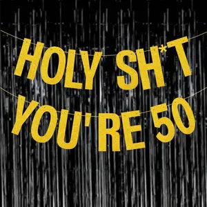 50th Birthday Decorations Banner for Women Men Pre-Strung Gold Glitter Birthday Decoration Sign Funny 50th Bday Supplies Banner