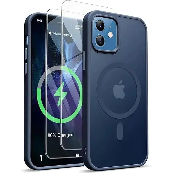 Entronix Apple iPhone 12 [Magnetic-Compatible] Clear Case & 2 Tempered Glass Screen Protectors Wireless Metallic Cellphone Smartphone