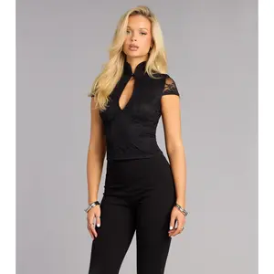 Chic Intentions Mock Neck Cutout Lace Top