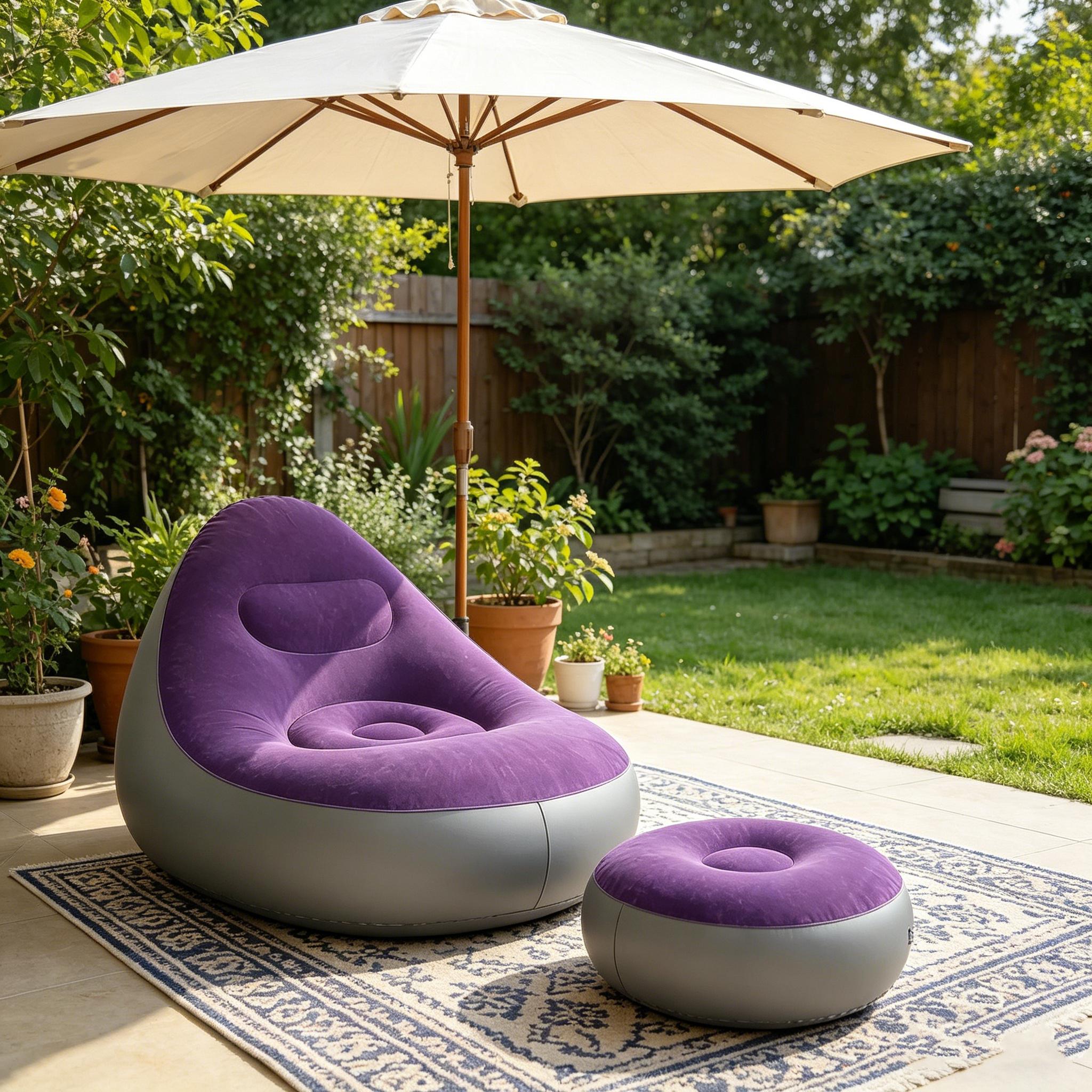 1pc purple Foldable Inflatable Recliner with Footrest, Comfortable Flocked Nylon Texture, Portable Lightweight Lounge Sofa for Home Bedroom Balcony Camping Outdoor Use