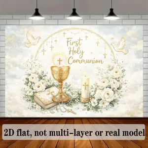 2D Flat, 1PC First Holy Communion background cloth, First Holy Communion theme pattern, with Holy Grail, white dove, white rose and cross elements, suitable for baptism banquet atmosphere decoration, holiday party decoration, multiple sizes available, pol