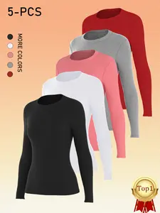 Women's Plain Round Neck Sporty Long Sleeve Top, Quick-Dry Breathable Layering Shirt for Yoga Gym Fall Winter Sports Wear