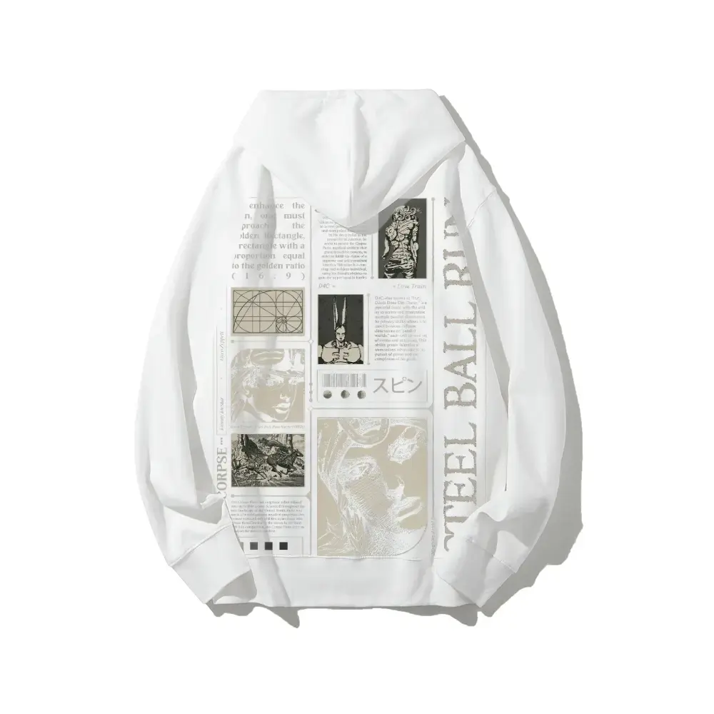 JoJo's Bizarre Adventure: Steel Ball Run SBR, with black and white comic-style panels and text on the back, including "SAINT'S CORPSE" - Long Sleeve Cotton Unisex Hoodie JJBA anime fashion trending