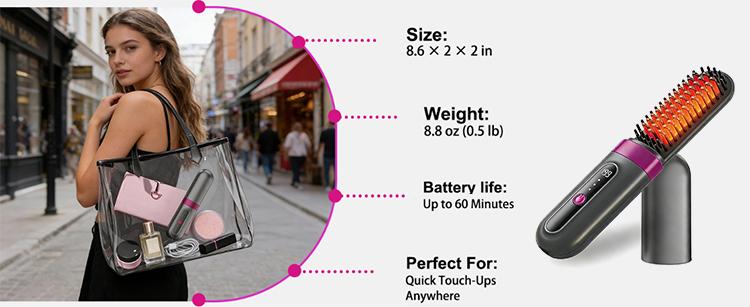 Cordless Hot Brush 2-in-1 Straightening & Curling 200Million Negative Ions 360° Heating Safe Mode Ceramic Coating Portable Travel-Friendly Flat Iron Plancha de Cabello