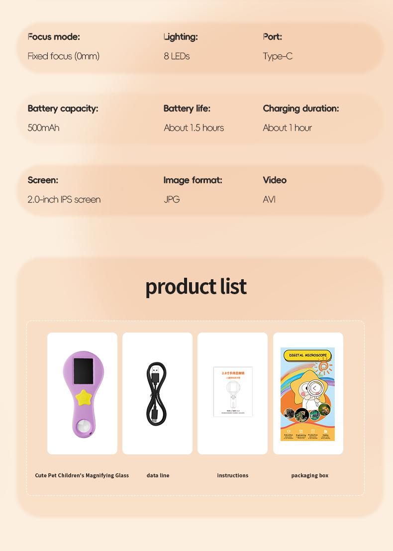 Early learning toy electronic magnifying glass. High-definition pixel images for children observing plants and insects, suitable for boys and girls aged 4–10. Mini handheld pocket digital microscope, easy to carry, fosters curiosity and a desire to explor