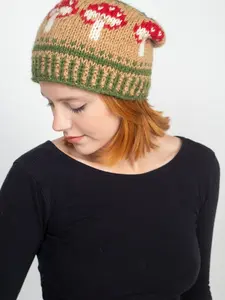 Cool Fun Wild Mushroom Slouchy Beanie Hat – Wool Winter Cap, Half Fleece Lined Hat, Handmade in Nepal, Cozy Beanie for Men & Women