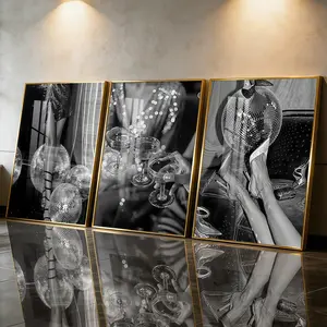 3Pcs Aluminum Alloy Framed Painting, Glamorous Party Night Champagne And Disco Balls Picture, Home Decoration For Living Room, Bedroom, Office, Restaurant, Hallway Wall Decor, Odorless Print Artwork, Luxury Perfect Gift For Friends And Family