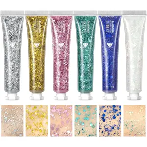 6 Pack Body Glitter Gel Face Glitter for Body, Face, Eye, Hair, Nails Glitter Makeup Liquid Long Lasting Sparkling Mermaid Chunky Glitter Gel for Festival Art Party Halloween (6 Color Sets)