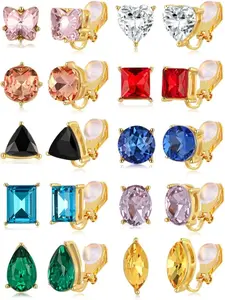 10 Pairs Women's Clip-On Earrings, Non-Pierced Multicolor Cubic Zirconia Studs, Geometric Shapes, Round Teardrop Heart Butterfly Triangle Square Rectangle Oval, Stud Earring Jewelry