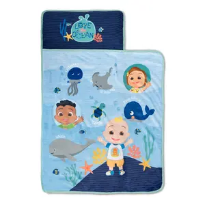 NoJo CoComelon "Love The Ocean" Toddler Nap Mat - Includes Attached Pillow and Fleece Blanket, Light Blue, and Navy
