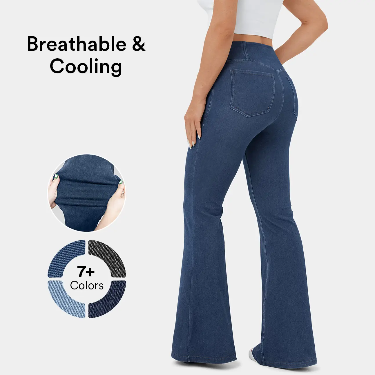 2026 Women's High Waisted Crossover Pocket InstantCool Washed Stretchy Knit Casual Super Flare Jeans Denim Pants Outfits