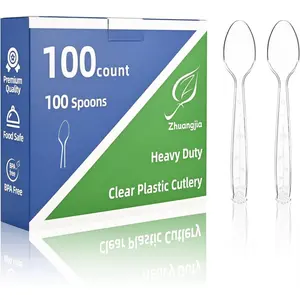 100-Pack Clear BPA-Free Heat Resistant Heavy Duty Disposable Plastic Spoons Bulk Utensils for Catering Events and Party Supplies