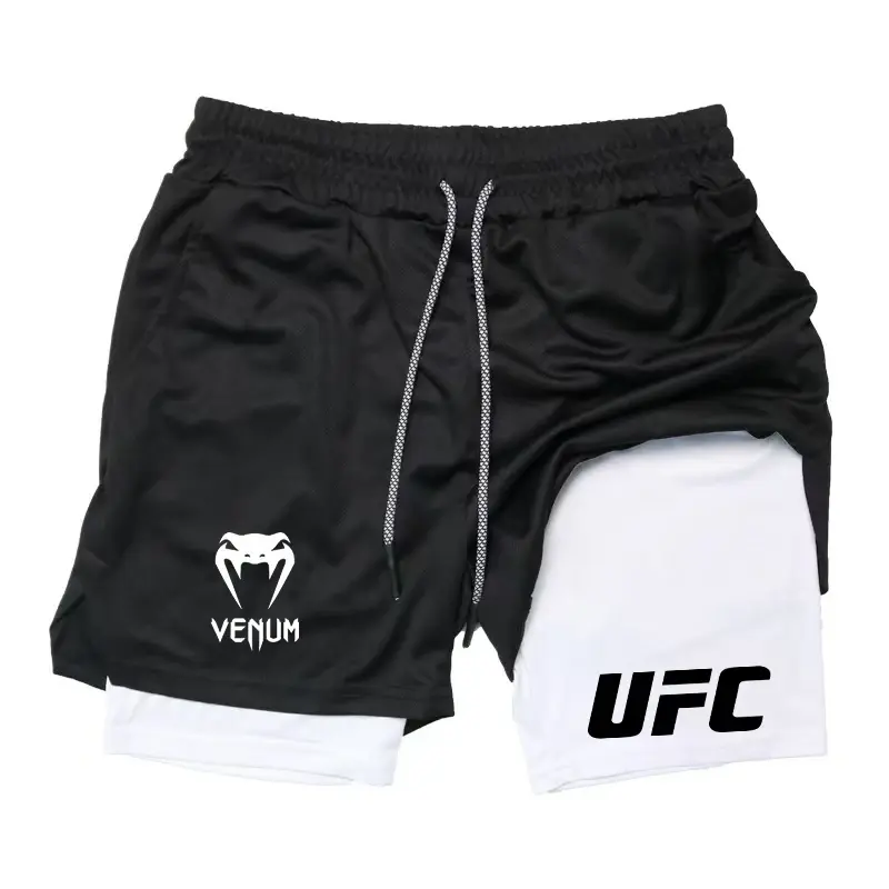 Men's 2025 UFC 2-in-1 Running Training Shorts - Polyester Knit, Double-Layer, Quick-Drying, Breathable, Athletic Cut, Drawstring Summer Outdoor Sports Shorts