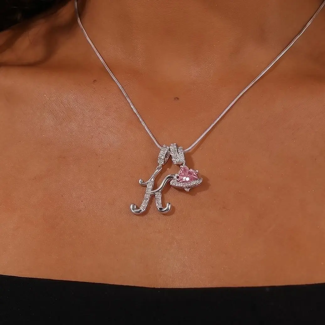 3-Layer Initial Choker Necklace for Women, 925 Sterling Silver Pendant with Pink Heart Zircon, Adjustable Snake Chain, Personalized Jewelry, GF Gift