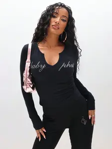 BABYPHAT Rhinestone Studded Long Sleeve Notch Neck Top With Statement Text Design For Fall Winter