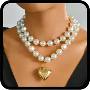 CLOACE Pearl Necklaces Gold Heart Layered Necklace Chunky Beads Choker Necklaces Jewelry for Women