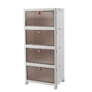 Stackable Storage Bins with Lids and Wheels, 4 Tier Folding Storage Box with Doors, Plastic Closet Organizers and Storage Containers for Living Room, Office, Dorm
