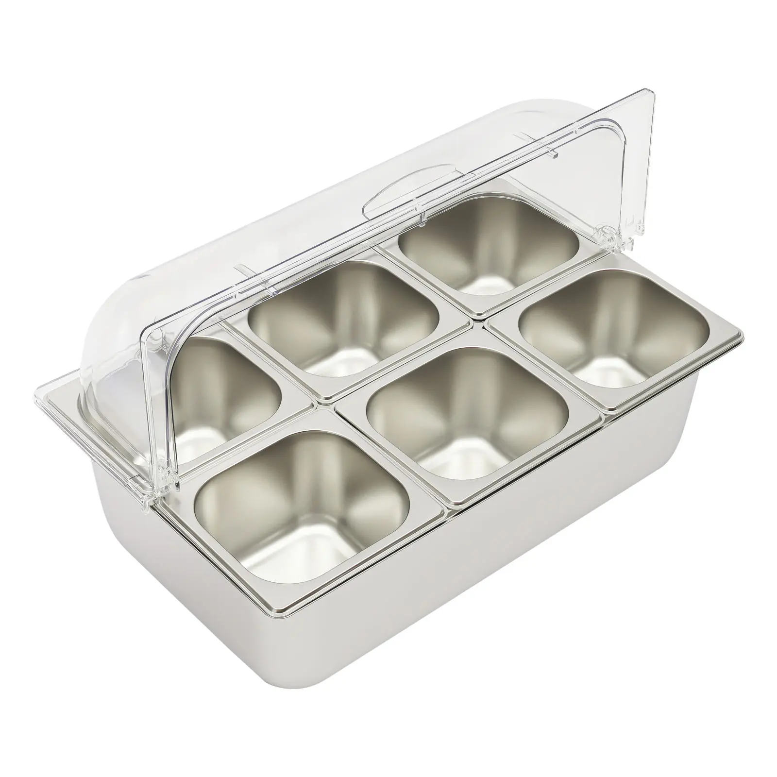Stainless Steel Kitchenware Ice Food Serving Display Tray with 6 Pans, Open Storage Bin for Buffet Restaurants, Catering Parties