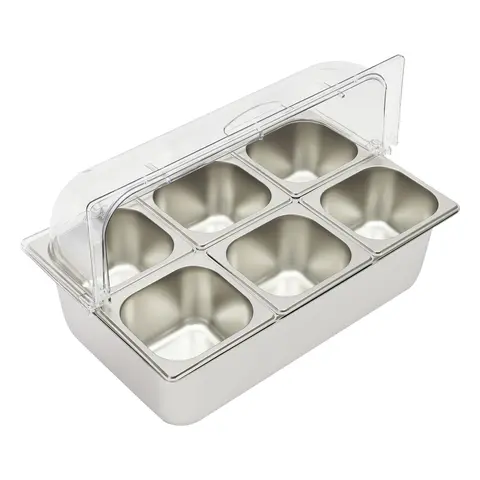 Stainless Steel Kitchen Ice Food Serving Display Tray with 6 Steel-PC Pans (1.45L/1.5qt per pan,17×16×10cm) - Reusable Containers, Ice-Cooled, Open Storage Bins, Kitchen Organizers (53×33×33cm,15cm,4.2kg) - Non-Microwave-Safe for Buffet Restaurants