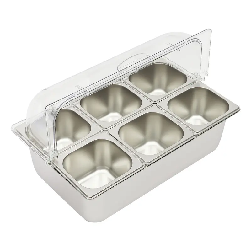 Stainless Steel Kitchen Ice Food Serving Display Tray with 6 Steel-PC Pans (1.45L/1.5qt per pan,17×16×10cm) - Reusable Containers, Ice-Cooled, Open Storage Bins, Kitchen Organizers (53×33×33cm,15cm,4.2kg) - Non-Microwave-Safe for Buffet Restaurants