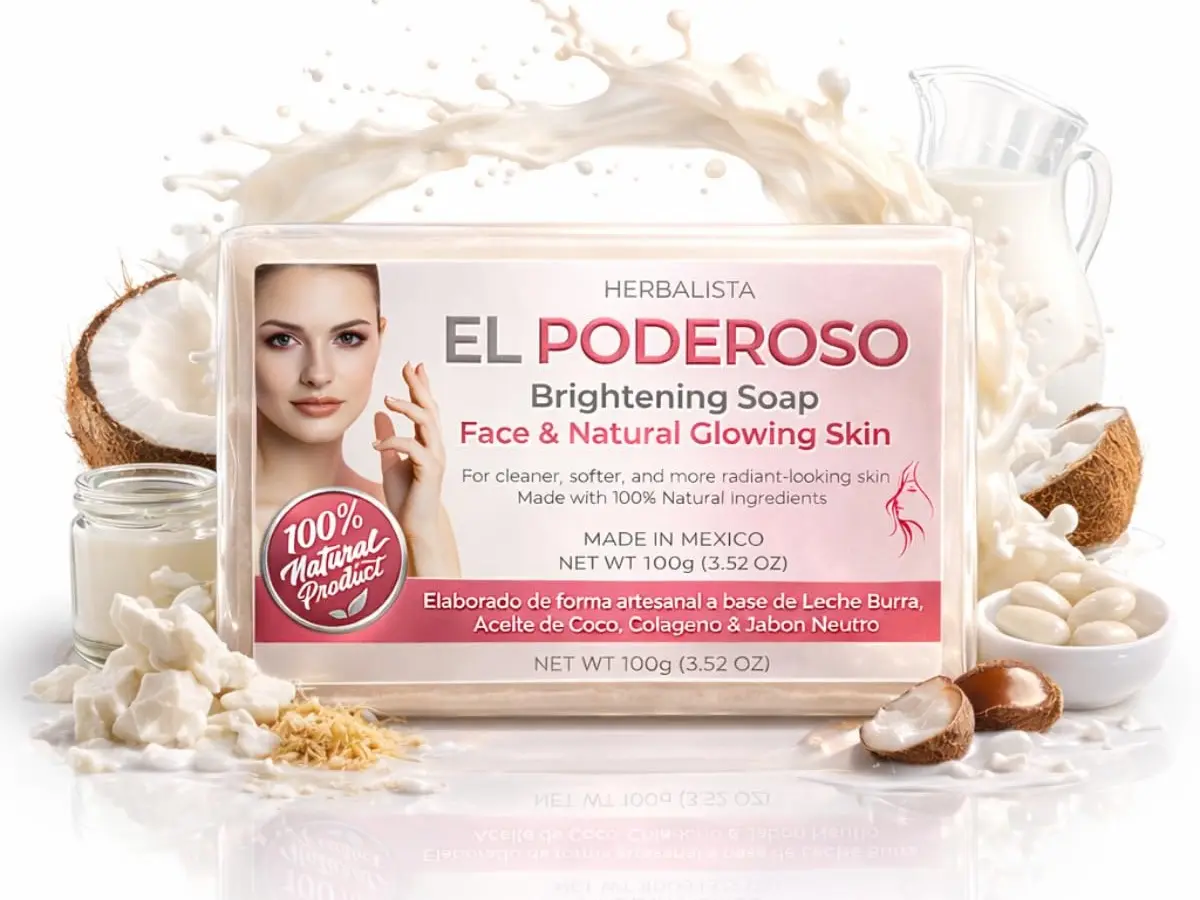 El Poderoso Brightening Soap Bar (3.52 oz / 100g) – Donkey Milk, Coconut Oil & Collagen Infused Facial Soap – Natural Glow, Deep Cleansing & Skin Softening – Handmade in Mexico