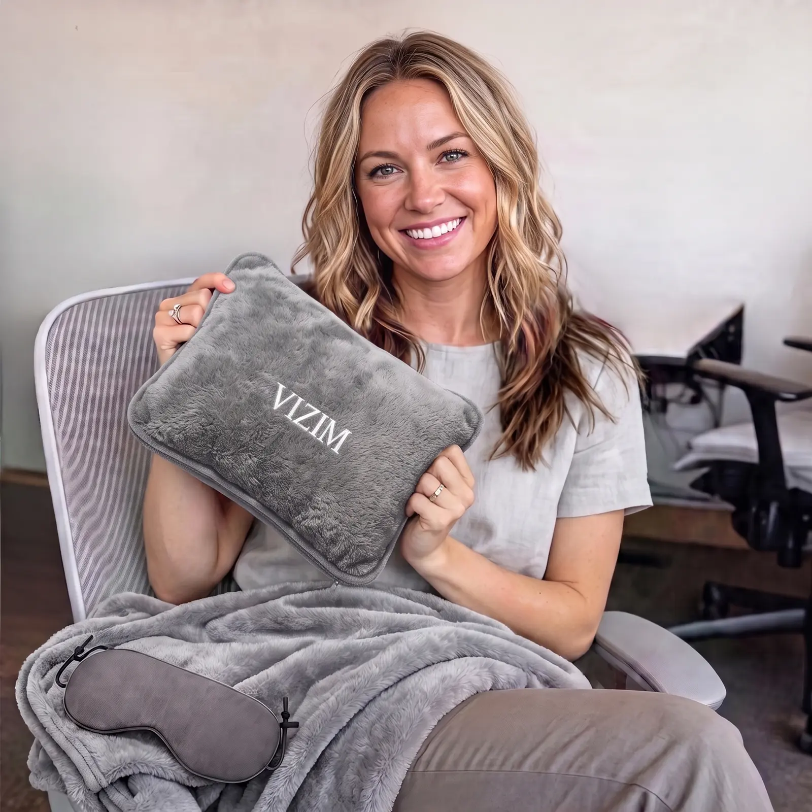 VIZIM 3-in-1 Cooling Travel Blanket Pillow Set - Portable Blanket, Skin-Friendly, Compact Sleep Kit with Inflatable Pillow, Eye Mask, Storage Bag for Airplane, Camping, Skin Friendly Blanket