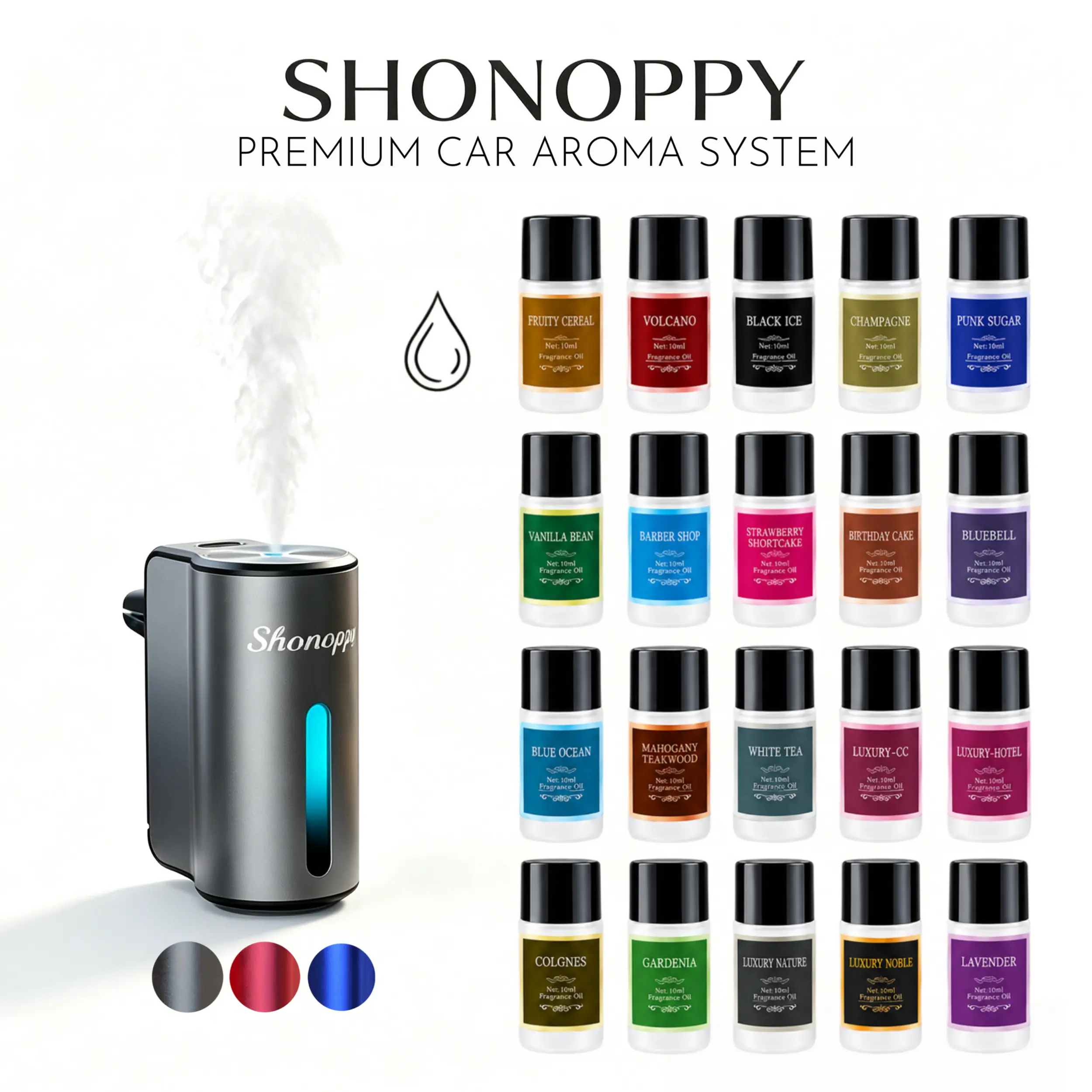 Shonoppy Car Air Fresheners Diffuser - 20Bottles Natural Essential Oil Scent Perfume,Rechargeable Car Aroma Diffuser with Three Adjustable Scent Levels,Car Interior Accessories Gifts