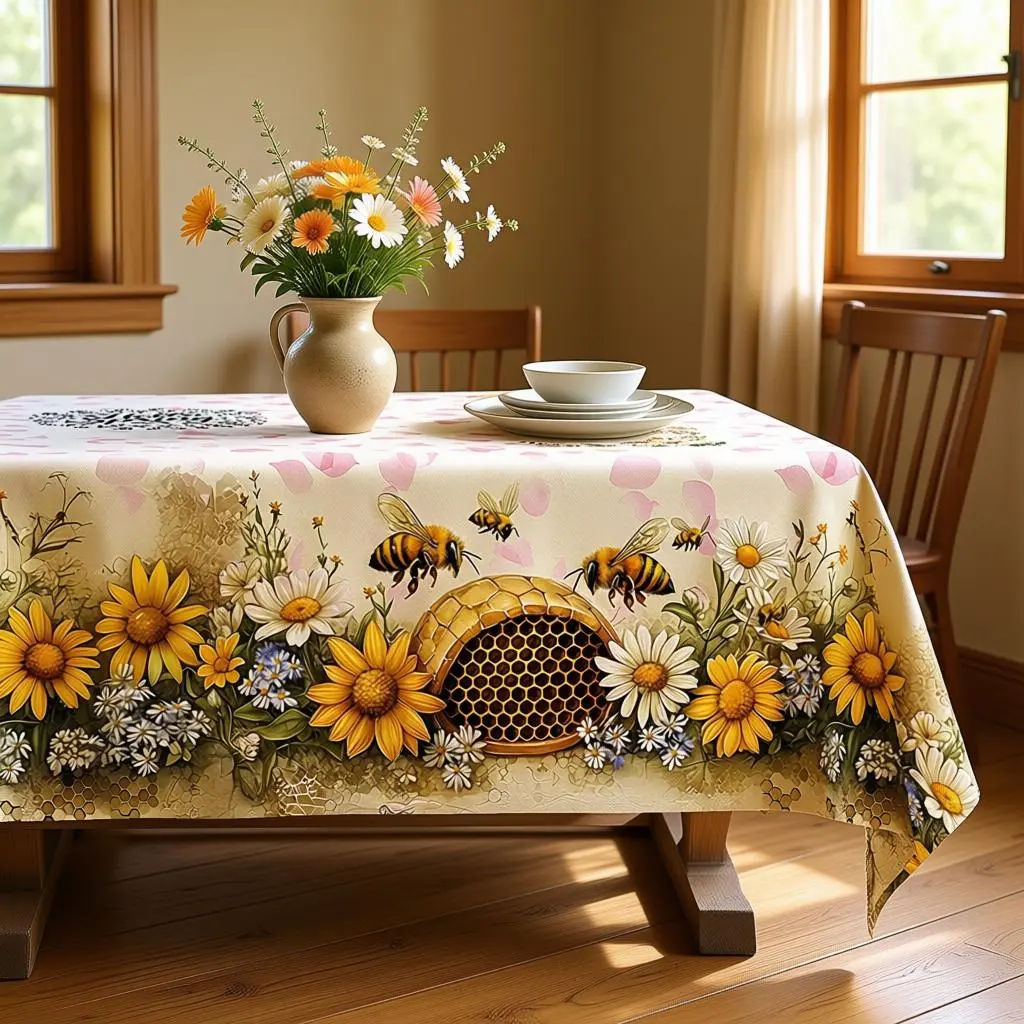 Summer tablecloth, decorated with bees, sunflowers and beehives, available in round, rectangular and oval shapes, suitable for banquets, restaurants, parties, festivals, outdoor events and birthdays, polyester/washable, clearance sale