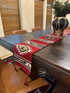 Aztec Table Runner ~ L - Decorative Table Runner Featuring Aztec Motif in Red and Black with Ribbons and Decorative Elements