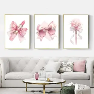 Optional Wooden Frame Luxury Pink Feminine Chic Bow Pastel Glamour Artistic Makeup Vanity Room Watercolor Floral Print Canvas Wall Art Indoor Decoration Floral Aesthetic Pattern Modern Home Decor