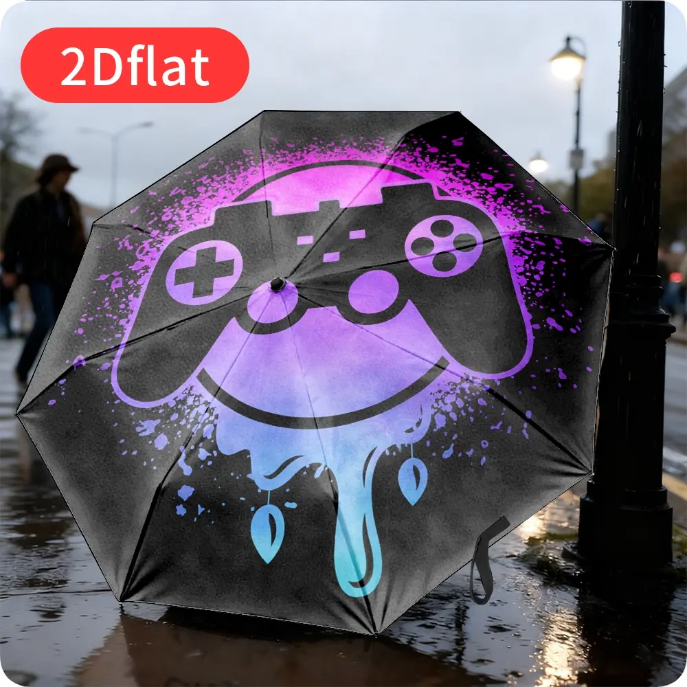 1 Automatic Gaming-Themed Folding Umbrella – Compact 8-rib design in purple and black with fun controller print, lightweight and durable, ideal for outdoor use, everyday carry, holiday gifts, compact umbrella, festive