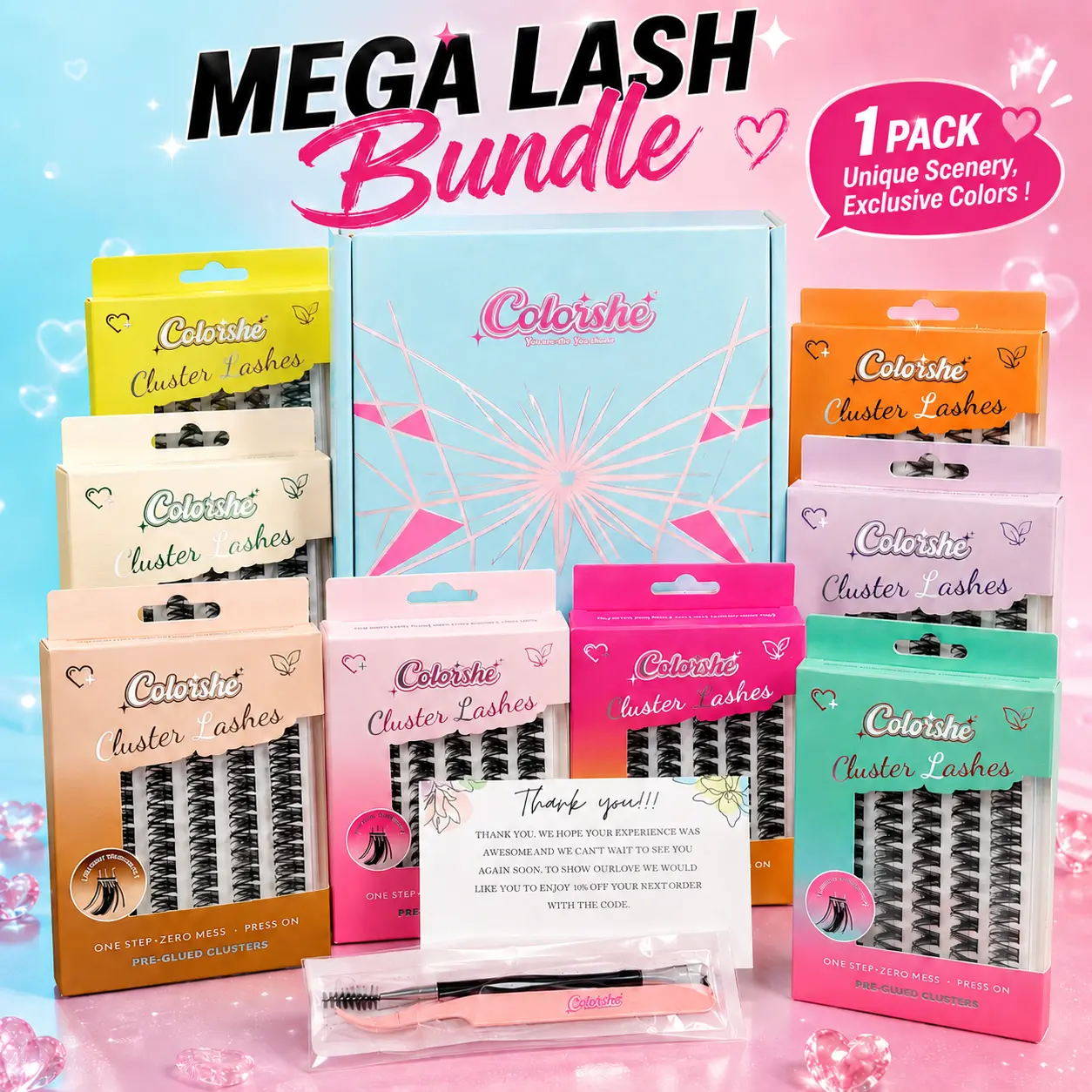 Coloishe Pre-Glued Lash Clusters - 1 BOX contains tools, Self Adhesive False Eyelashes, DIY Cluster Lashes,Uniquely Shaped Bond, Wispy Natural Volume, Mixed Length Doll Eye Lashes