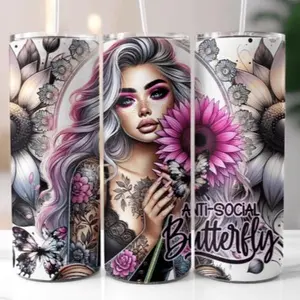 Anti social butterfly | 20oz Skinny sublimation tumbler transfer print out (TRANSFER ONLY, NOT A FINISHED TUMBLER)