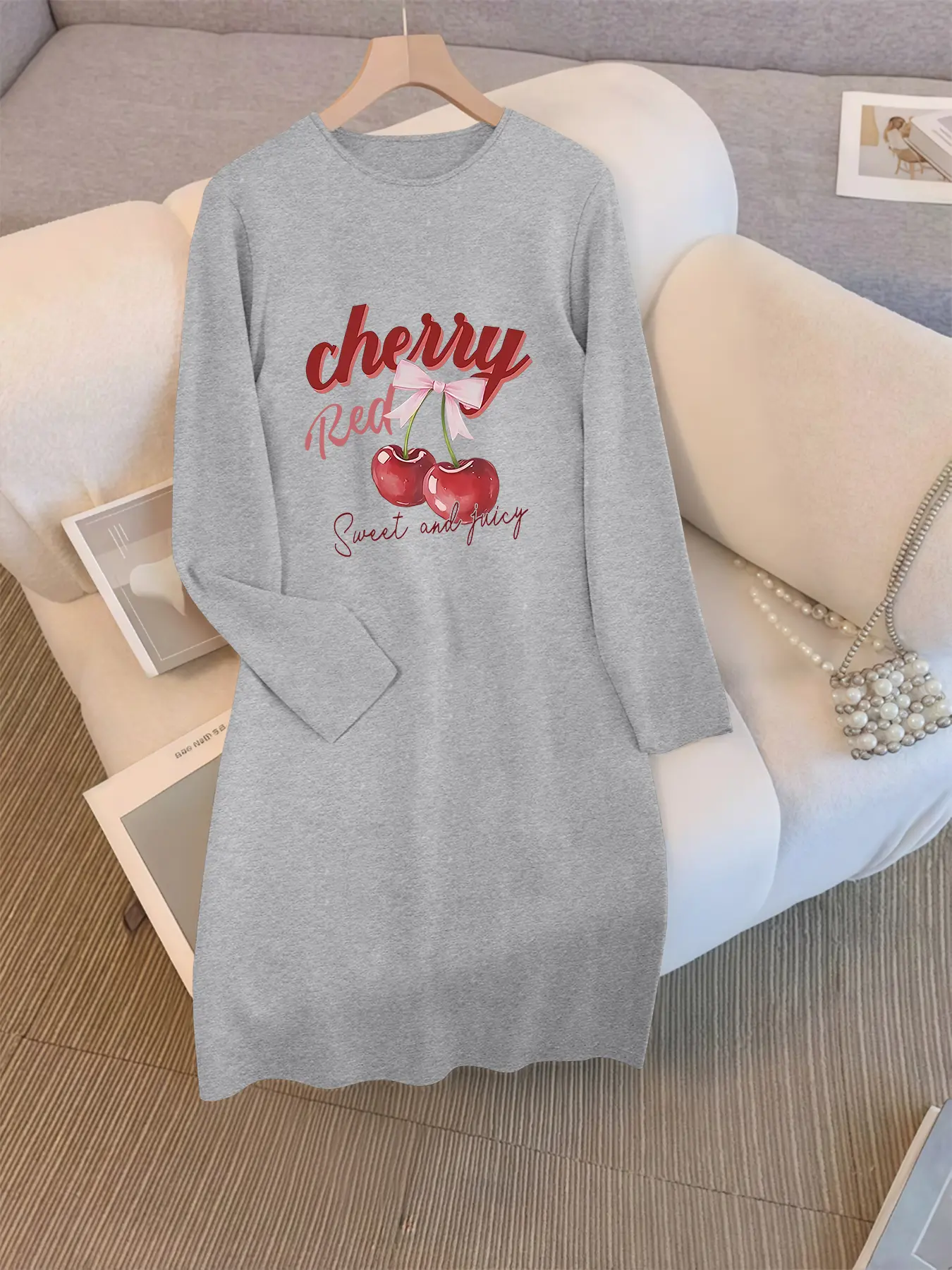 Women's Long Sleeve Dress with Fruit & Cherry Print, Sweet Casual Style, Perfect for Home or Outdoors, All-Season Wear