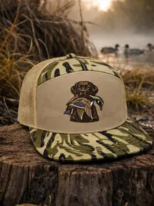 Chocolate Lab Duck Hunting Hat, 7 Panel Camo Snapback Trucker Cap Mesh Back, Hunting Dog Hat, Gift for Duck Hunter Dad
