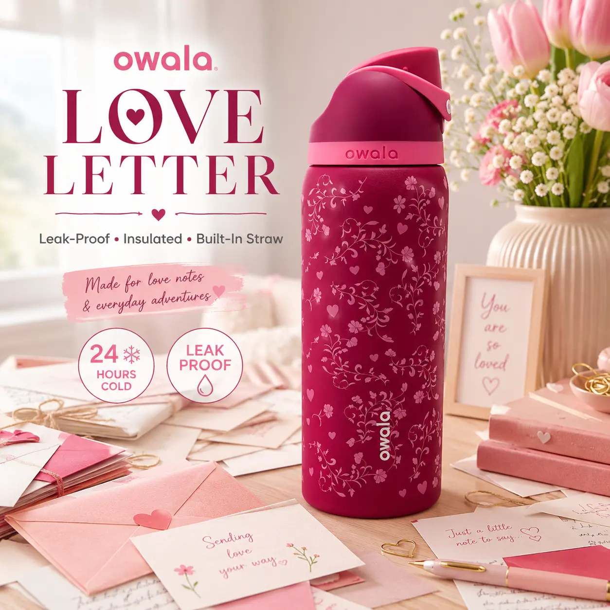 Owala FreeSip “Love Letter” Limited Edition 32oz Insulated Water Bottle – Pink Heart Floral Design