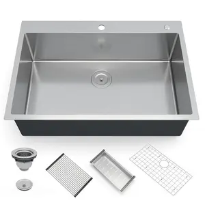 30-Inch Brushed Nickel Topmount 16-Gauge Heavy Gauge Rust Resistant Stainless Steel Single Bowl Kitchen Sink, Silver Bar Sink with Full Accessories for Family Use