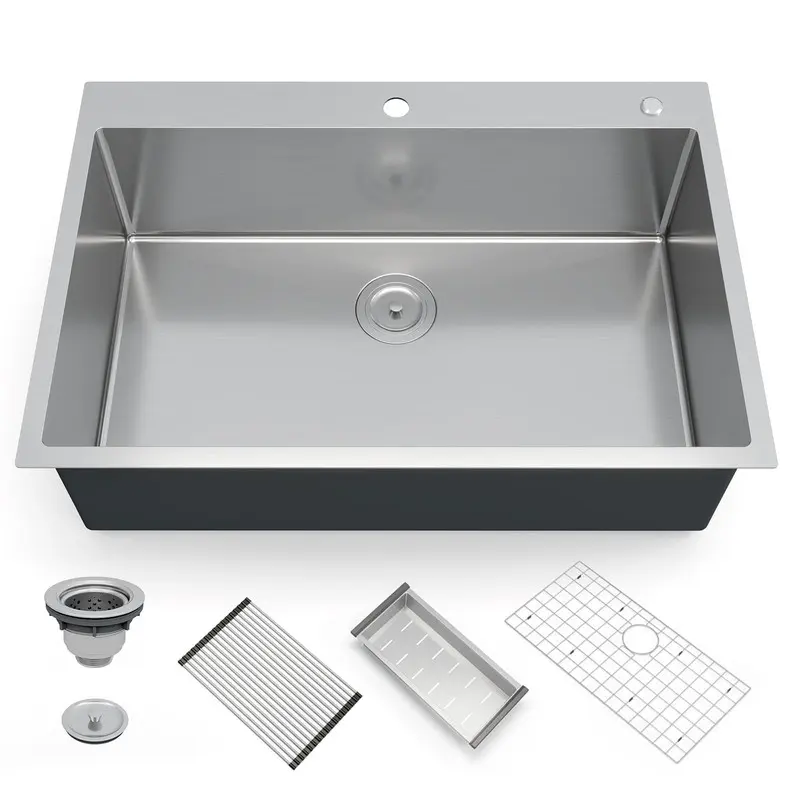 【Christmas Gift】Silver Kitchen Sink, 33 Inch Brushed Nickel Topmount Kitchen Bar Sink, Stainless Steel 16 Guage Single Bowl Kitchen Sinks, Family and Bar Sink with Full Accessories