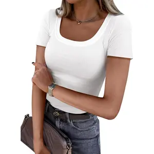 Women's Summer Scoop Neck Short Sleeve T-Shirts RibbedKnit Slim Fitted Casual Basic Top